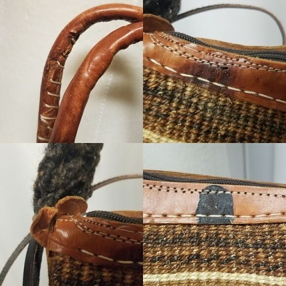Handcrafted African Woven Sisal Kilim Crossbody Shoulder Bag with Leather Trims - Picture 6 of 8